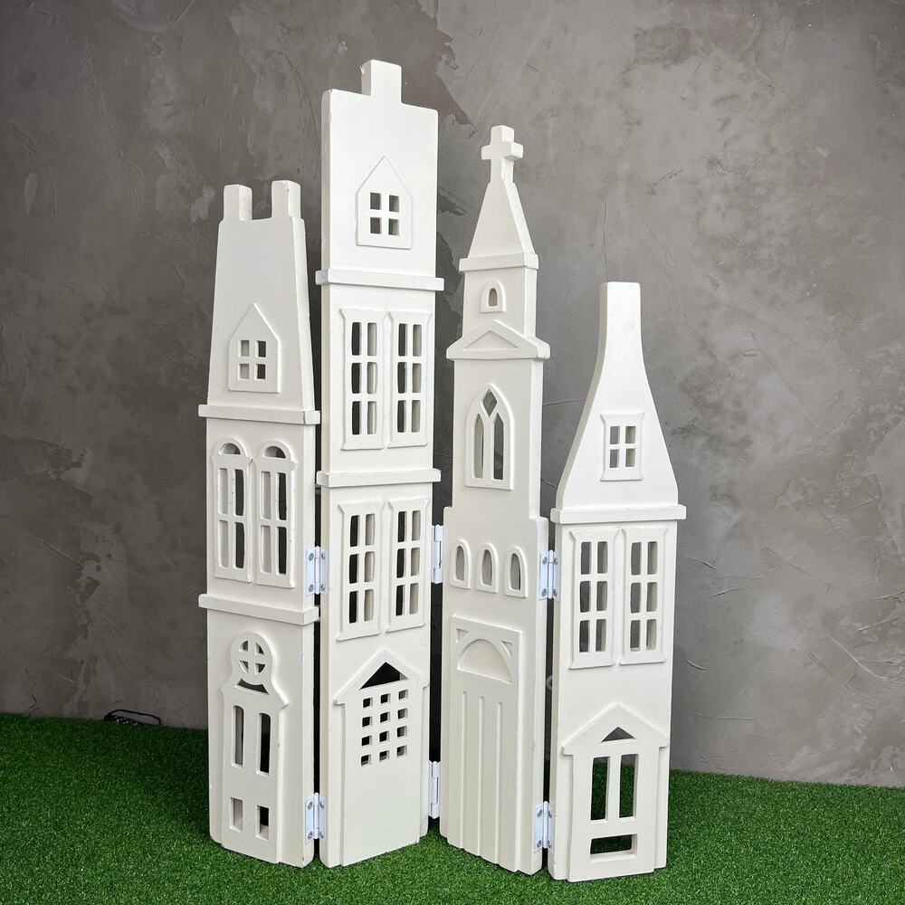 Vintage Folding Church Cityscape Candle Holder Gothic Architectural Wood Screen